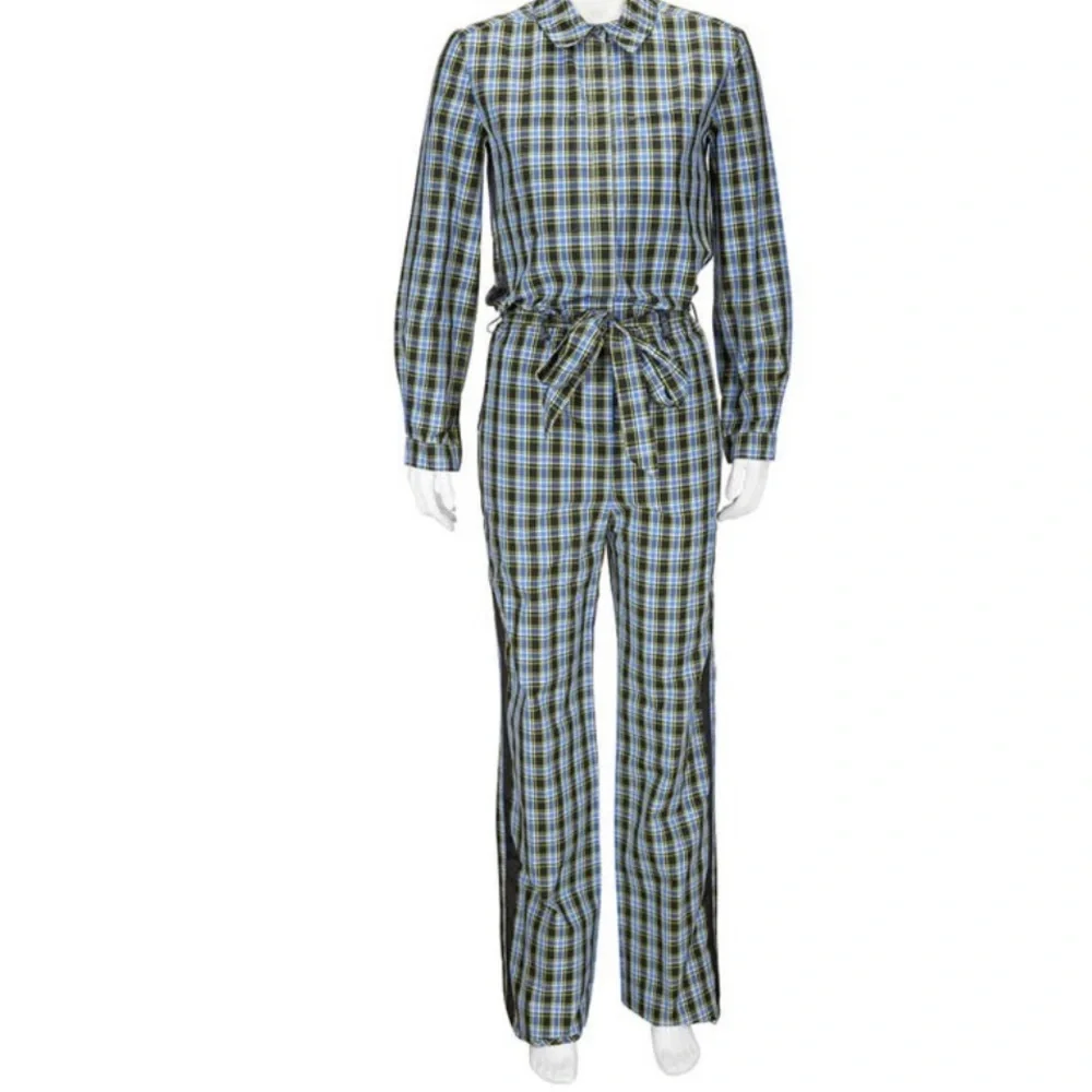 Burberry Ladies Blue Lampton Check Tie Waist Jumpsuit Brand Size 12 (US Size 10) - Picture 1 of 14